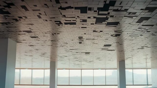 Vast empty modern office space featuring minimalist white pillars and large panoramic windows, casting long shadows across the dark floor under an abstract, textured ceiling design