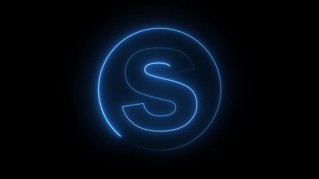Blue Neon Letter S Inside a Neon Circle Outline on a Black Background Keywords: blue, neon, letter, S, alphabet, character, symbol, glowing, circle, outline, ring, abstract, dark, animated