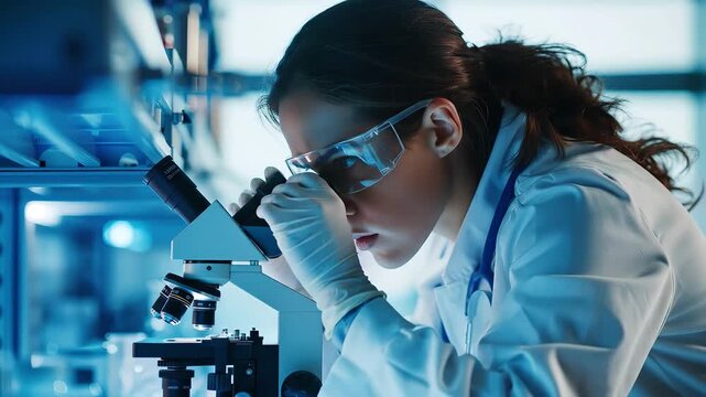 Professional laboratory setting with female scientist in lab coat examining medical samples under microscope, modern research facility, bright clinical lighting, science and medical advancement theme