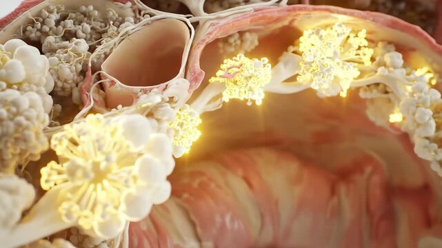 3D medical render of female reproductive system, volumetric lighting, soft yellow highlights on endometrial tissue areas, clean white studio background, cinema 4D style