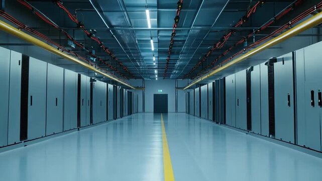 Modern server room corridor with long rows of server racks, illustrating secure digital storage, network infrastructure, and global cloud computing services