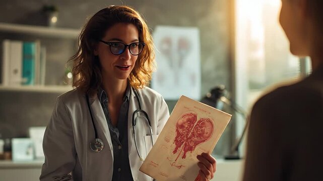 A compassionate female doctor in white coat showing anatomical diagram of female reproductive system to patient in modern bright medical office, professional healthcare consultation