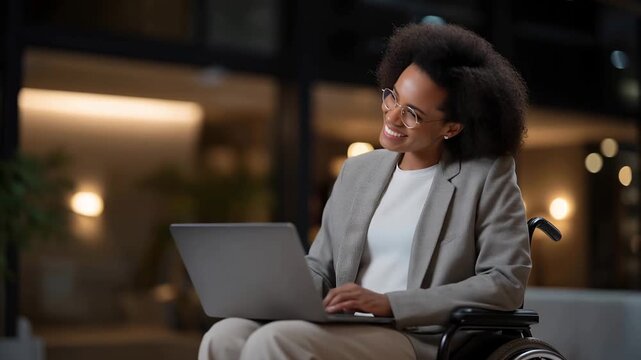 In a co-working space, a professional in wheelchair types diligently on a laptop, symbolizing the adaptability of technology and the empowerment of individuals with disabilities in today's digital