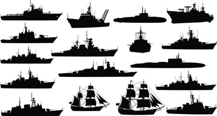 Naval ship and warship silhouettes collection, military vessel and submarine vector set, maritime defense illustration for navy history, ocean warfare, and strategy design © MstSalema