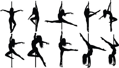 Pole dance fitness silhouettes collection, aerial acrobat performance vector set, strength flexibility training illustration for sport, dance art, and active lifestyle design