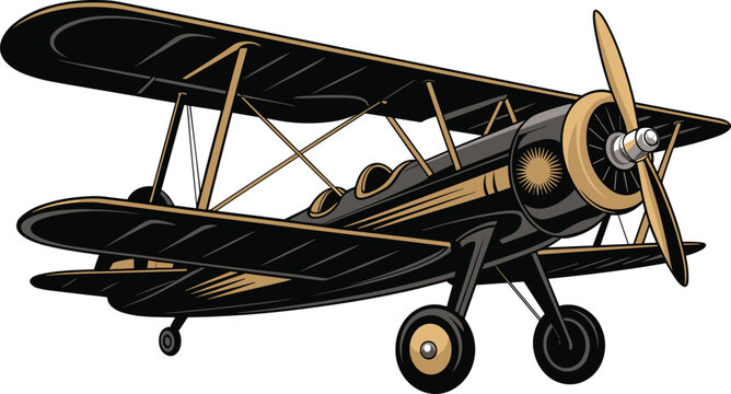 Stylized vintage biplane illustration, black and gold aircraft, aviation history, classic airplane design, radial engine, propeller, wings, elegant retro art