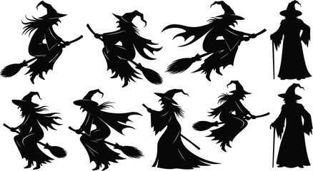 Witch silhouette collection, flying broomstick halloween sorceress characters set, spooky fantasy magic woman vector illustration for dark folklore, occult halloween design © MstSalema