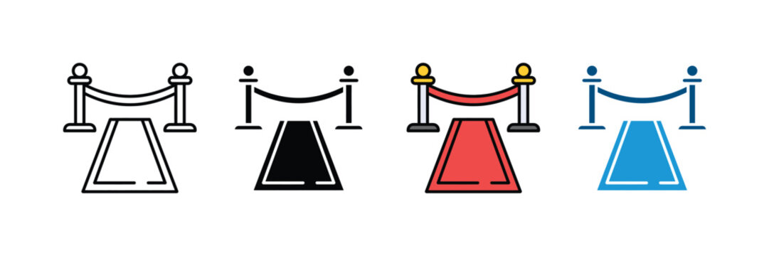 Red carpet icon vector set. VIP entrance symbol with stanchions for movie premiere, award ceremony, luxury event, and celebrity gala. Vector Illustration.