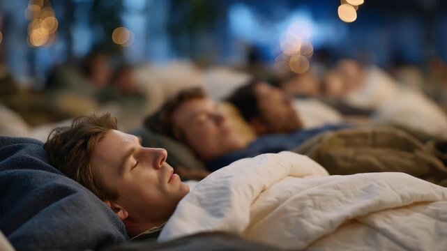 In an emergency shelter designed for rapid response, rows of cots with bedding ensure every person has a safe place to rest, reflecting the need for quick setup and adequate accommodations during
