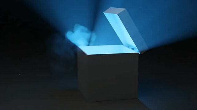 Open glowing box revealing blue light futuristic innovation concept