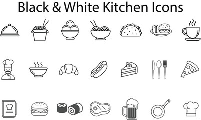 Black and White Kitchen Icons Set &ndash; Minimal Line Food & Cooking Vector Collection, Outline Restaurant Symbols, Modern Monochrome Culinary Clipart Pack