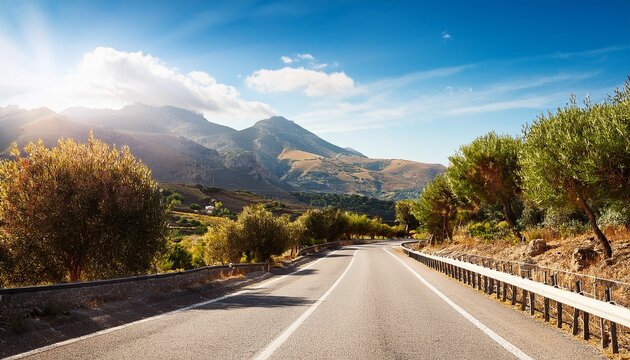 sunny sicilian road with mountains and trees