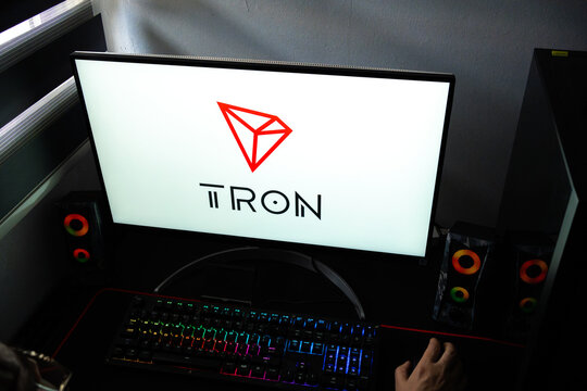 Punta Arenas, Chile &ndash; February 18, 2026: A person at a desk with the TRON (TRX) decentralized blockchain logo displayed on a computer monitor