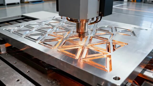 Medium shot showcasing a CNC milling machine carving intricate patterns on a metallic workpiece with sparks flying highlighting advanced manufacturing precision