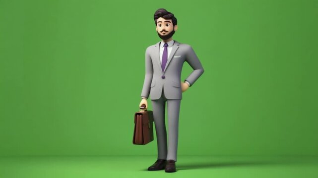 Confident businessman in gray suit holding briefcase on green background