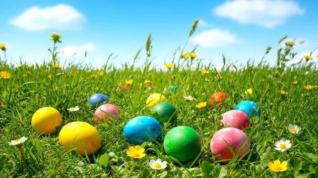 Colorful easter eggs hidden in a lush green meadow with spring wildflowers. Traditional egg hunt celebration on a beautiful sunny day under a bright blue sky with clouds