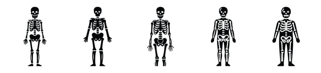 Collection of Happy Halloween human skeleton silhouette icon set. Vector illustration on white background.