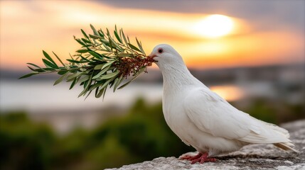 Obraz premium White dove holds olive branch at dawn on stone edge with blurred greenery and sunlight rays in the background