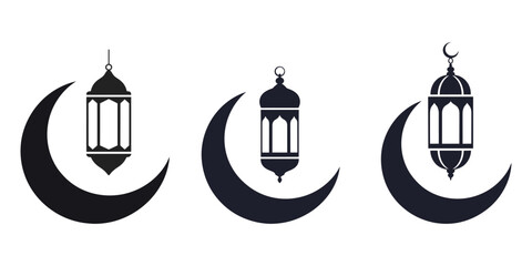Ramadan Kareem crescent moon with hanging lantern silhouette Islamic festival vector icon set