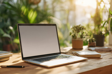 Fototapeta premium Open laptop with blank screen on wooden desk surrounded by plants and office supplies in warm natural sunlight for serene workspace environment