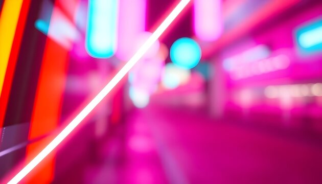 Vibrant neon lights illuminate a blurred city street at dusk from a low-angle perspective