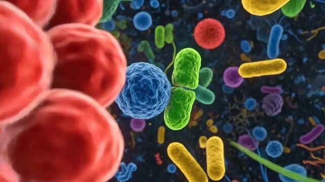 Colorful microscopic organisms are floating in a dark fluid background, showing diversity.