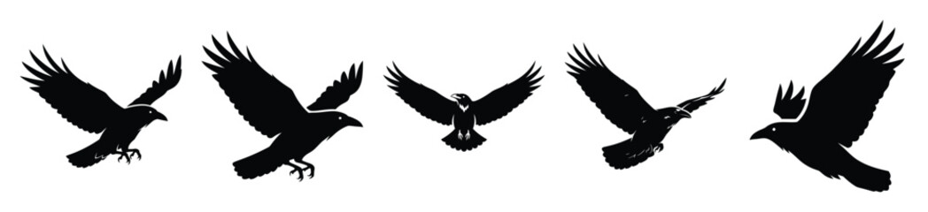 Obraz premium Collection of Happy Halloween raven bird silhouette icon set. Vector illustration on white background.