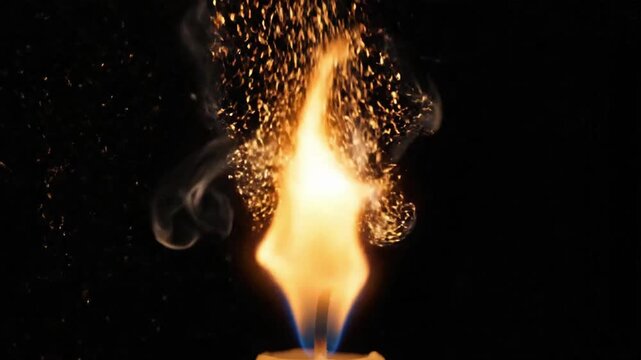 Bright flame creates sparks in dark space at night time