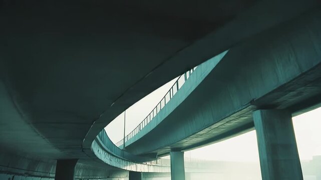 Curved concrete highway ramps and interchange overpasses create a complex network of transportation architecture, disappearing into a misty, atmospheric urban landscape during the morning