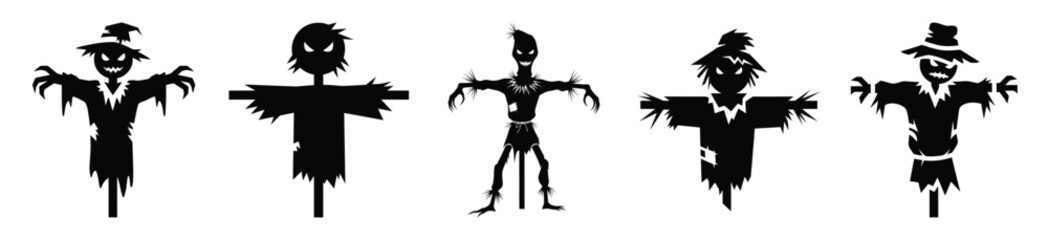 Collection of Happy Halloween scary scarecrow silhouette icon set. Vector illustration on white background.
