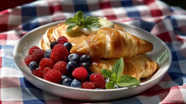 An inviting baked breakfast layout on a colorful gingham cloth features delightful croissants, pancakes, and fresh berries, perfect for a cheerful picnic or outdoor dining occasion. cinematic color