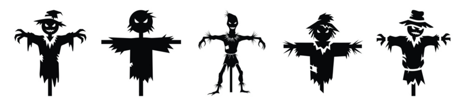 Collection of Happy Halloween scary scarecrow silhouette icon set. Vector illustration on white background.