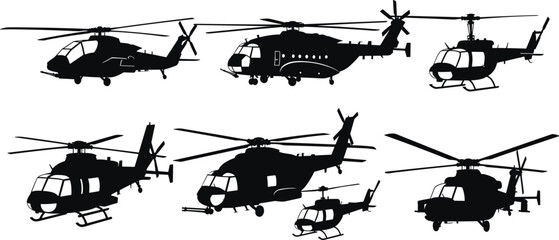 Helicopter silhouettes set, military and rescue chopper aircraft collection, aviation rotorcraft vector illustration for air transport, emergency service and tactical flight design © MstSanoara