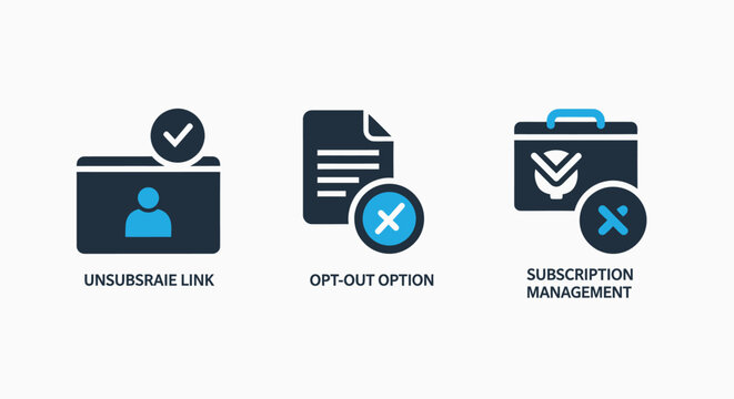 User management icons: unsubscribe link confirmation, opt-out option, and subscription management dashboard.
