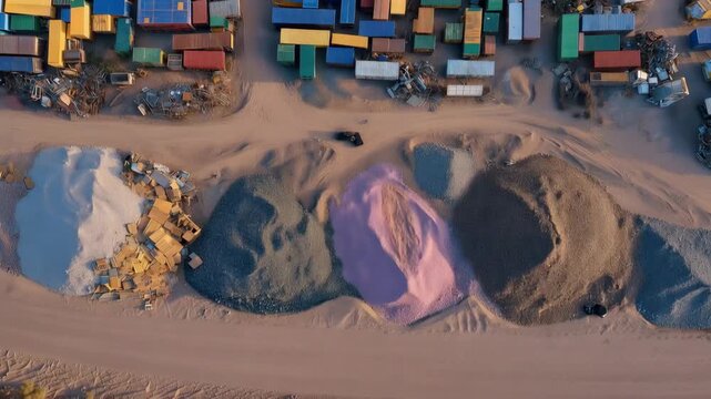 An overhead shot of a scrapyard filled with colorful containers and piles of junk, emphasizing the organized chaos where various metals await recycling and repurposing. cinematic color correction,