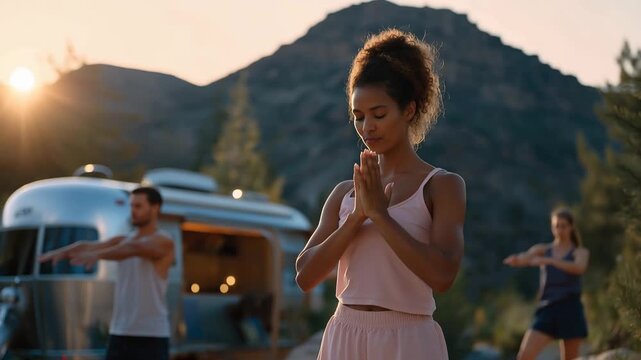 An outdoor yoga class takes place adjacent to a serene trailer, where participants practice mindfulness and wellness in the heart of nature, promoting an active lifestyle amidst calm surroundings.