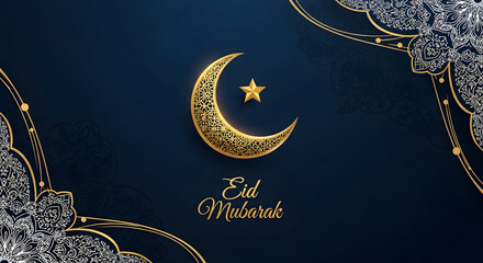 Eid mubarak greeting card with golden crescent moon and star