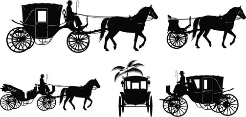 Horse carriage and vintage transport silhouettes collection, historical wagon and coach vector set, classic transportation illustration for retro travel, heritage design, and history themes © MstSanoara