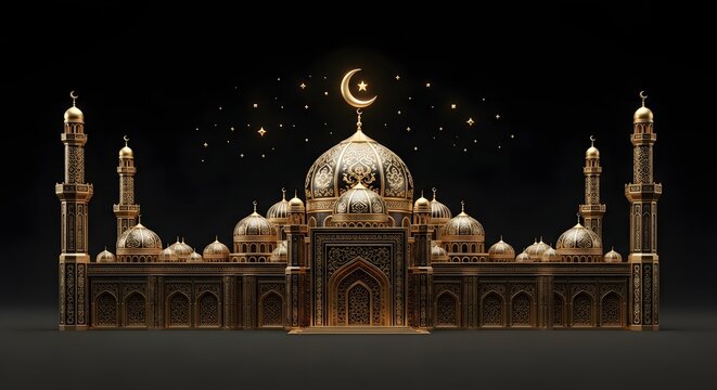 mosque in luxurious gold and black with detailed arabesque patterns, crescent moon, and stars. Perfect for Ramadan, Eid, or Islamic New Year greetings and digital backgrounds.