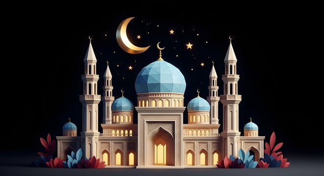 mosque illustration featuring blue geometric domes, intricate architecture, minarets, and a large golden crescent moon against a starry black night. Perfect for Eid, Ramadan, and 