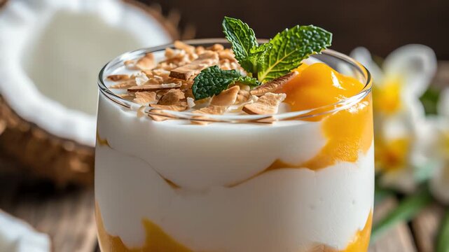 Delicious layered parfait with coconut and mango in a glass
