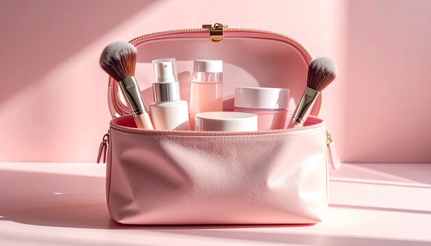 Pink cosmetic bag full of beauty products. Includes makeup brushes, lotions, and creams. Clean makeup tools arranged neatly on pastel background with soft shadows. Pro kit for face care.ai.