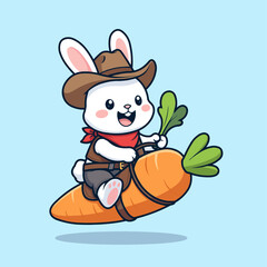 A playful vector illustration featuring a cute cowboy rabbit riding a giant carrot like a horse.