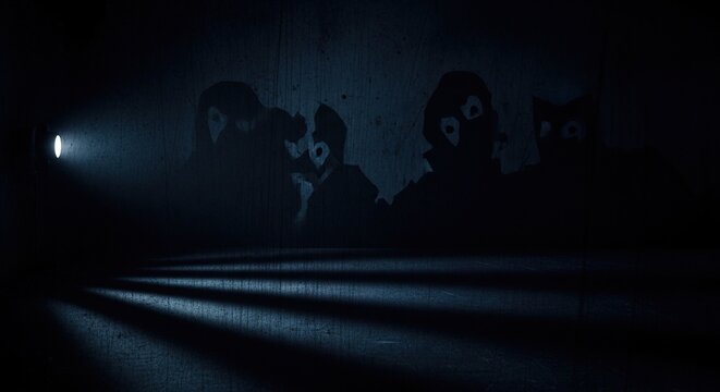 Shadows in the Dark: A group of shadowy figures shrouded in darkness, illuminated by a solitary beam of light, create an atmosphere of mystery and suspense.