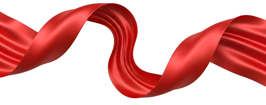 3D render of a vibrant, flowing red satin ribbon or cloth spiraling dynamically against a clean white background. Perfect for premium branding, celebration designs, marketing promotions, and abstract 