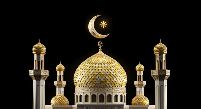 golden Islamic mosque illuminated against a dark night sky. Features glowing domes, minarets, hanging lanterns, and a giant crescent moon. Perfect for Ramadan, Eid, and spiritual themes.