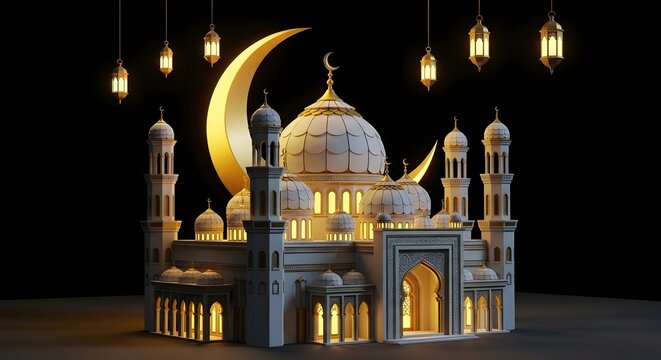 golden Islamic mosque illuminated against a dark night sky. Features glowing domes, minarets, hanging lanterns, and a giant crescent moon. Perfect for Ramadan, Eid, and spiritual themes.