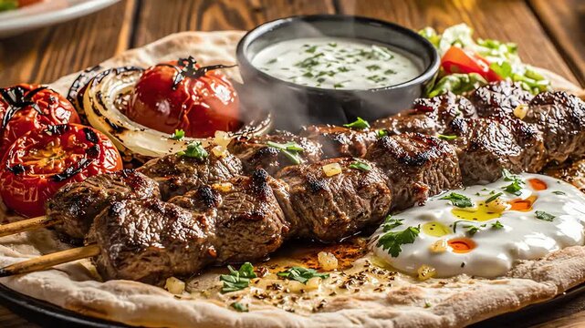 Grilled skewers with vegetables and sauce on a flatbread