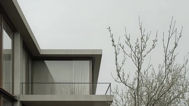 Minimalist concrete villa architecture featuring a clean facade, glass balcony, and large windows, harmonizing with budding trees under an overcast sky creating a serene atmosphere