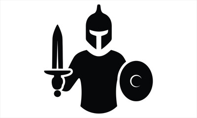 Obraz premium Black silhouette of a medieval knight warrior with a sword and shield on white background